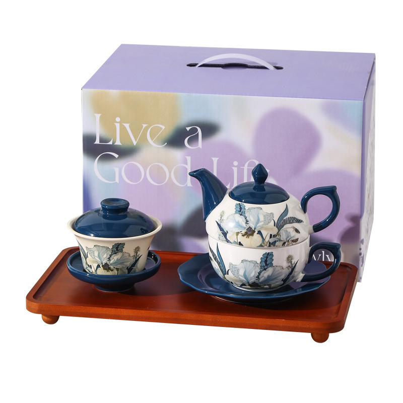 Set ceramic de ceai cu ceainic și cești, motiv iris, design vintage pentru ceaiul de după-amiază, stil englezesc