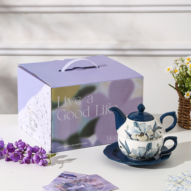 Set ceramic de ceai cu ceainic și cești, motiv iris, design vintage pentru ceaiul de după-amiază, stil englezesc