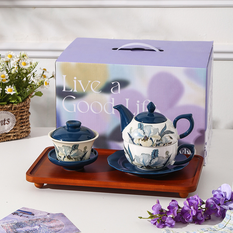 Set ceramic de ceai cu ceainic și cești, motiv iris, design vintage pentru ceaiul de după-amiază, stil englezesc