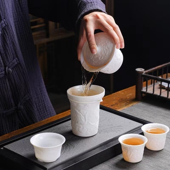 Set de ceai Gongfu din ceramică – portabil, multifuncțional pentru călătorii și birou, în cutie cadou