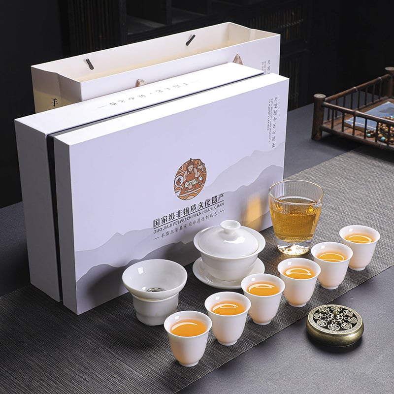 Set Gongfu de ceai din porțelan alb, cu gaiwan și cănile de apă, set complet în cutie cadou