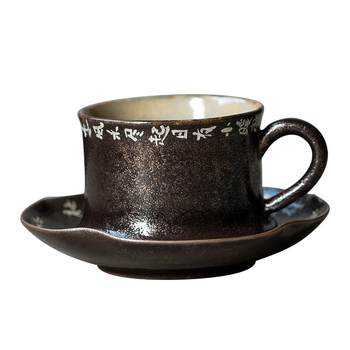 Ceașcă de ceai ceramică pictată manual cu poezii și inscripții, glazură Shino neagră, capacitate mare, gură lată, o singură ceașcă