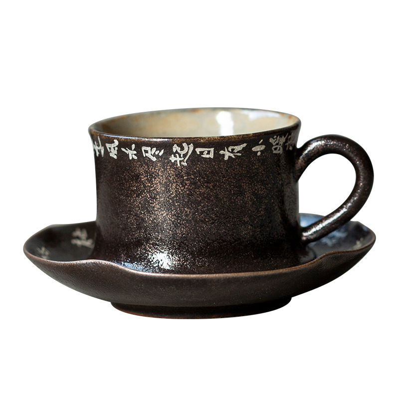 Ceașcă de ceai ceramică pictată manual cu poezii și inscripții, glazură Shino neagră, capacitate mare, gură lată, o singură ceașcă