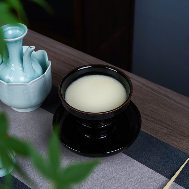 Bol de ceai cu farfurie, în stil Jianzan, glazură neagră, diametrul 12,5 cm, pentru matcha