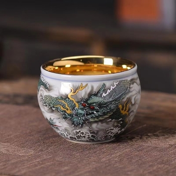 Ceașcă de ceai Dragon 24K cu finisaj aurit – porțelan, stil Jianzhan