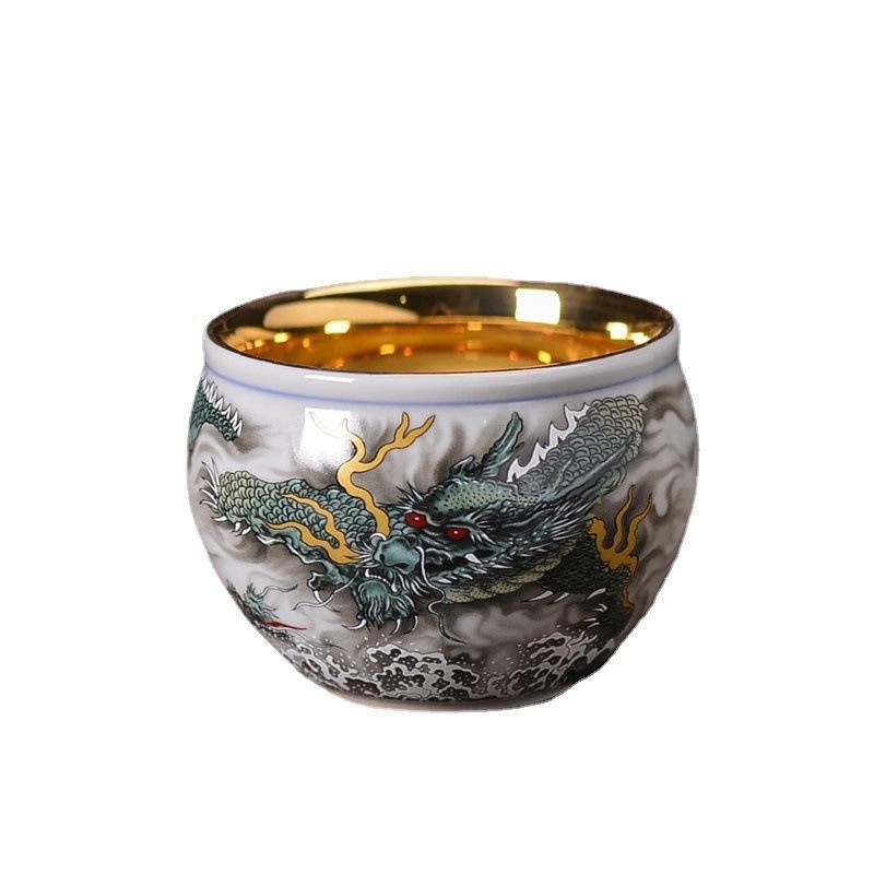 Ceașcă de ceai Dragon 24K cu finisaj aurit – porțelan, stil Jianzhan