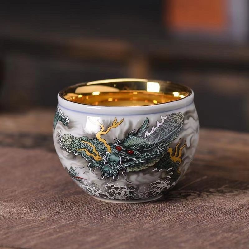 Ceașcă de ceai Dragon 24K cu finisaj aurit – porțelan, stil Jianzhan