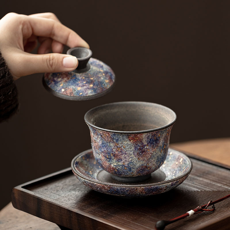 Vas ceramic pentru ceai cu capac, în stil retro, pentru uz casnic, ideal pentru infuzarea ceaiului, cu detalii aurii