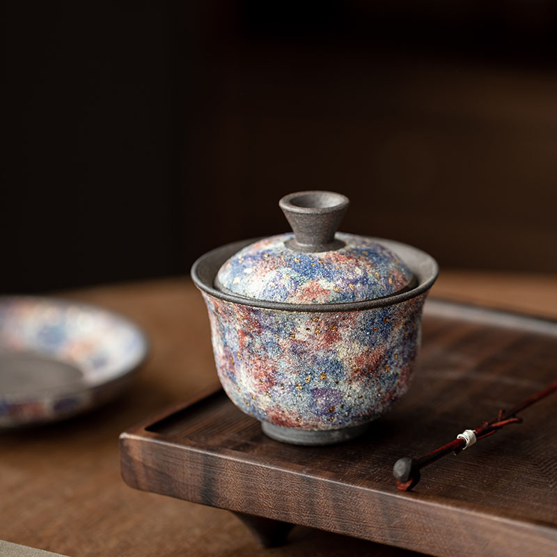 Vas ceramic pentru ceai cu capac, în stil retro, pentru uz casnic, ideal pentru infuzarea ceaiului, cu detalii aurii