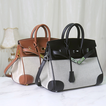 Ženska Platinum torba od prave kože i platna, s remenom za rame i crossbody, Napa koža, retro platno
