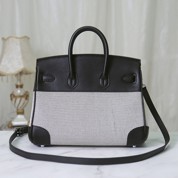 Ženska Platinum torba od prave kože i platna, s remenom za rame i crossbody, Napa koža, retro platno