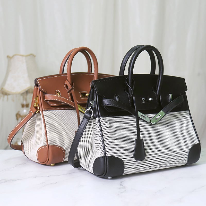 Ženska Platinum torba od prave kože i platna, s remenom za rame i crossbody, Napa koža, retro platno
