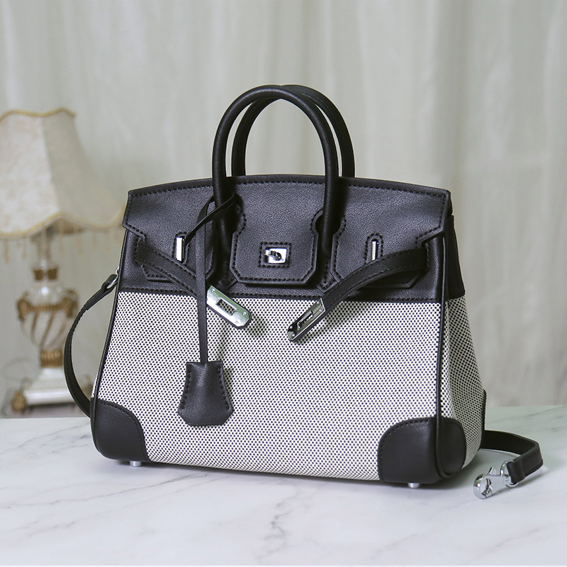Ženska Platinum torba od prave kože i platna, s remenom za rame i crossbody, Napa koža, retro platno