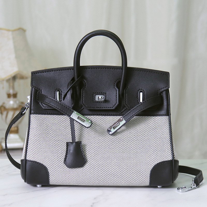Ženska Platinum torba od prave kože i platna, s remenom za rame i crossbody, Napa koža, retro platno