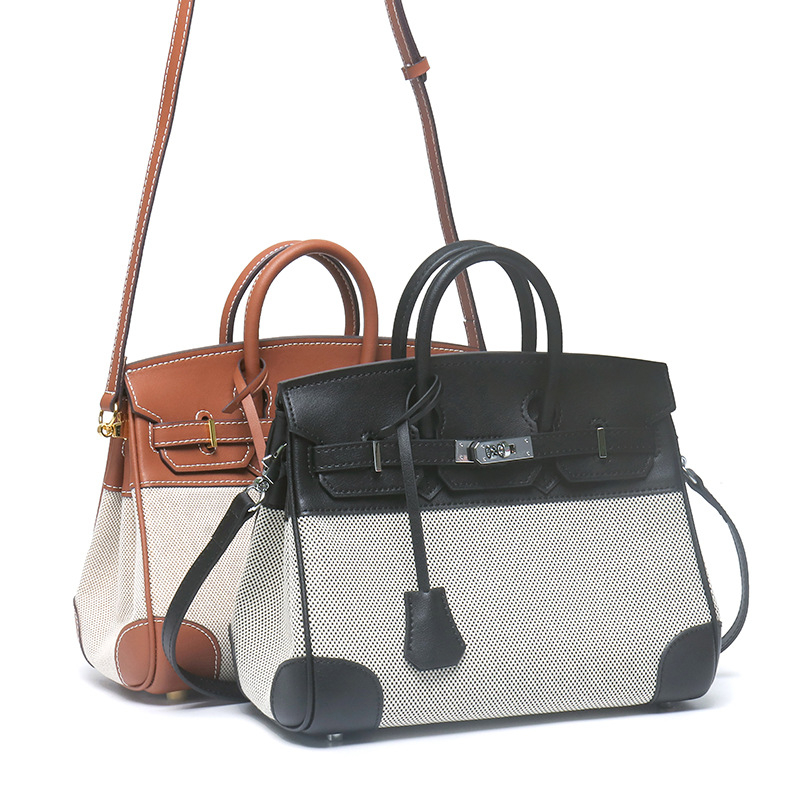 Ženska Platinum torba od prave kože i platna, s remenom za rame i crossbody, Napa koža, retro platno