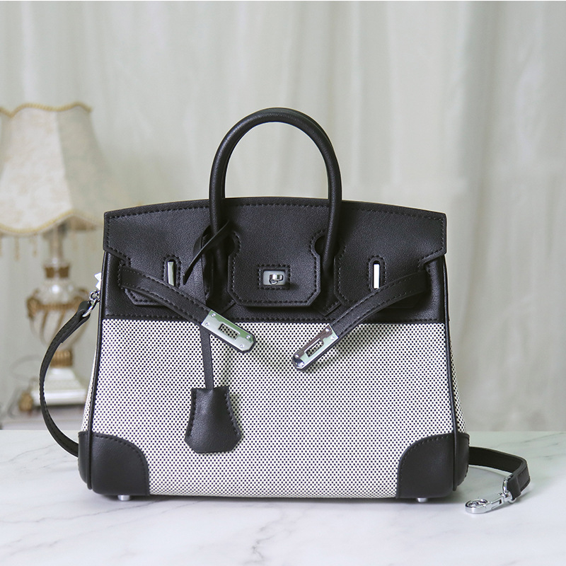 Ženska Platinum torba od prave kože i platna, s remenom za rame i crossbody, Napa koža, retro platno