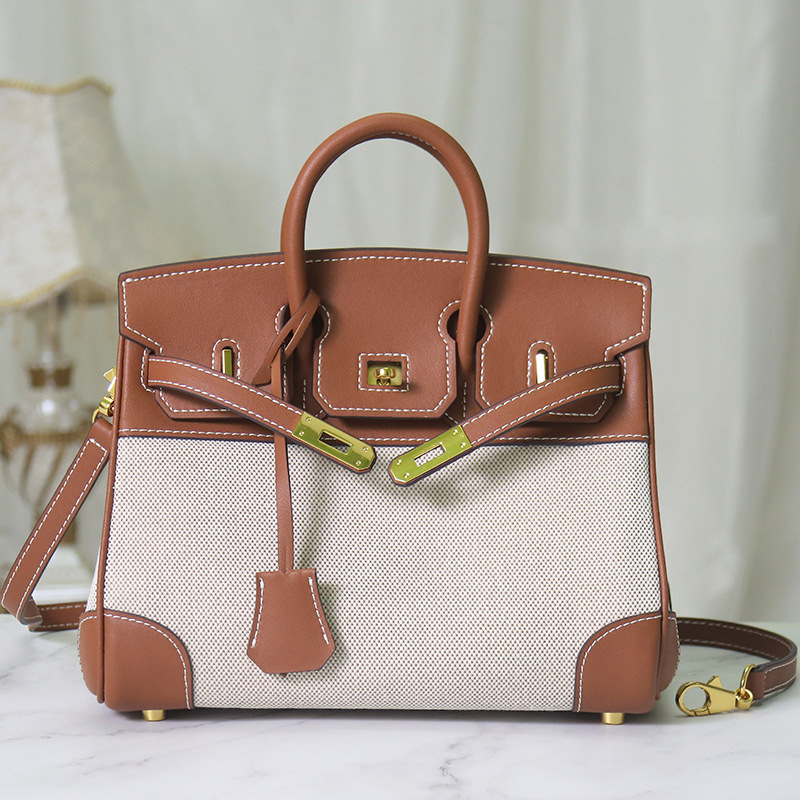 Ženska Platinum torba od prave kože i platna, s remenom za rame i crossbody, Napa koža, retro platno