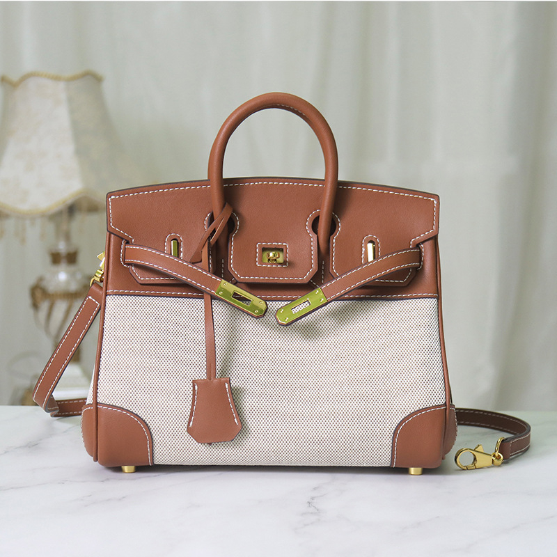 Ženska Platinum torba od prave kože i platna, s remenom za rame i crossbody, Napa koža, retro platno