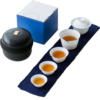 Set de ceai Kung Fu pentru drumeții – geantă portabilă, o oală și trei cești, porțelan alb Dehua, bol cu capac