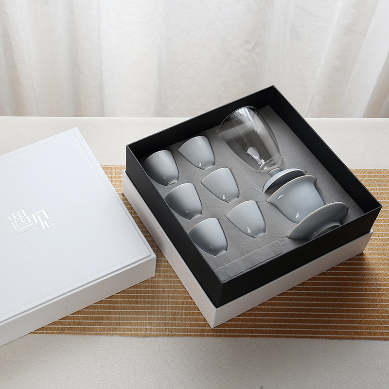 Shang Xuan Yiwen Set ceai din porțelan alb glazurat cu capac – cești de ceai, design modern minimalist, cutie cadou, personalizare logo