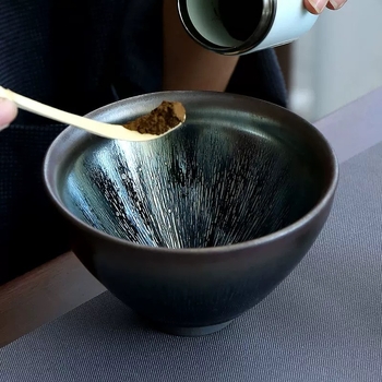 ceașcă de ceai Jian Kiln cu glazură oil-drop, dimensiune mare 12,5 cm, design cu fir auriu și dovleac atârnat