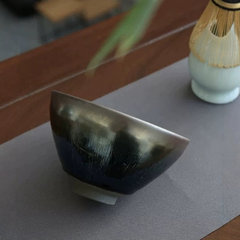 ceașcă de ceai Jian Kiln cu glazură oil-drop, dimensiune mare 12,5 cm, design cu fir auriu și dovleac atârnat