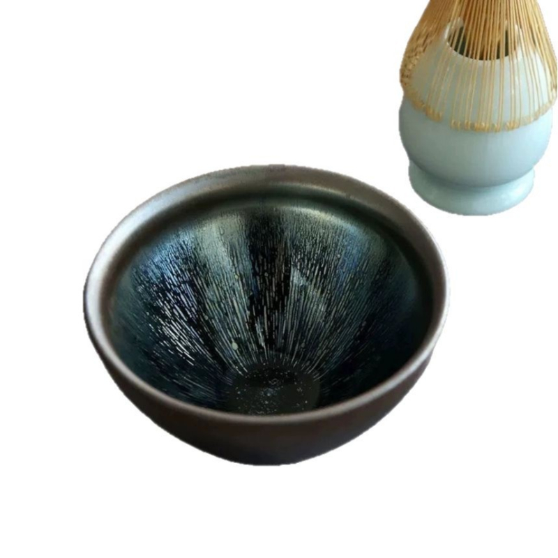 ceașcă de ceai Jian Kiln cu glazură oil-drop, dimensiune mare 12,5 cm, design cu fir auriu și dovleac atârnat