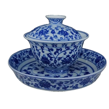 Gaiwan din porțelan albastru-alb, stil chinezesc, trei piese, bol de ceai cu suport pentru ceainic