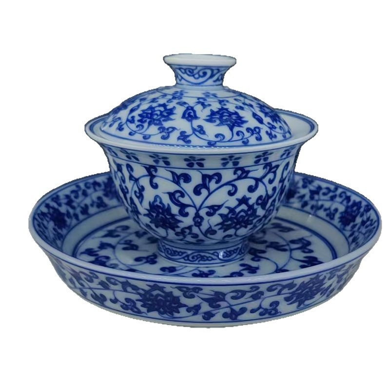Gaiwan din porțelan albastru-alb, stil chinezesc, trei piese, bol de ceai cu suport pentru ceainic