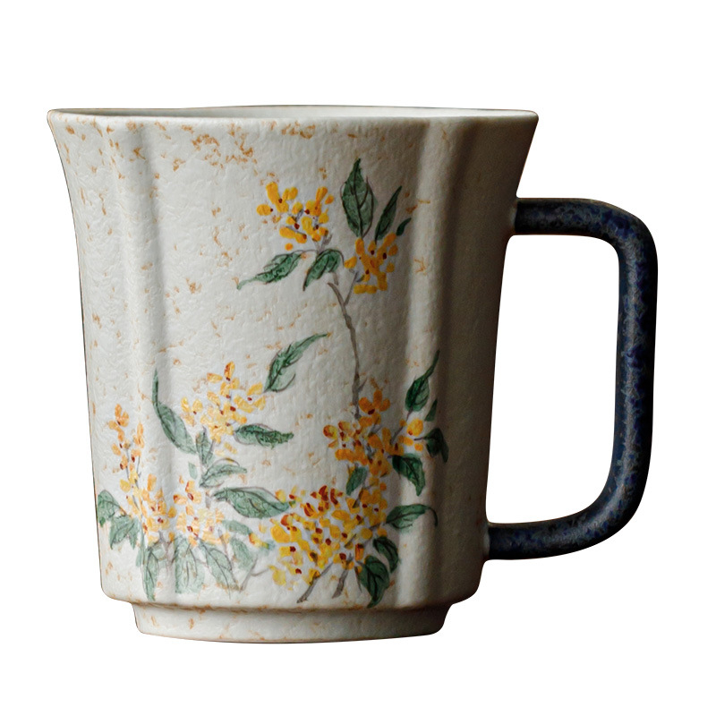 Ceașcă din porțelan alb-albastru cu motiv Osmanthus roșu pictat manual, ceramică pentru uz casnic, cafea și birou