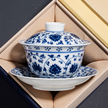 Lotus albastru-alb: set de ceai cu capac, trei piese, ceramic Gongfu stil