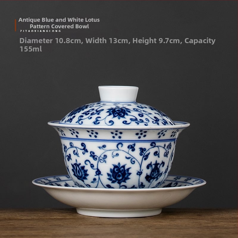 Lotus albastru-alb: set de ceai cu capac, trei piese, ceramic Gongfu stil
