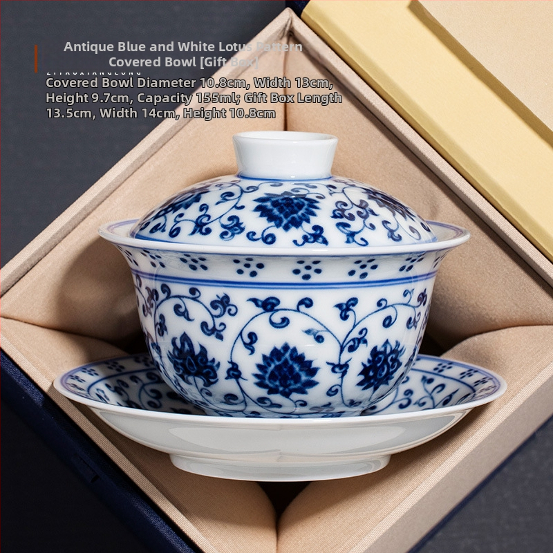 Lotus albastru-alb: set de ceai cu capac, trei piese, ceramic Gongfu stil