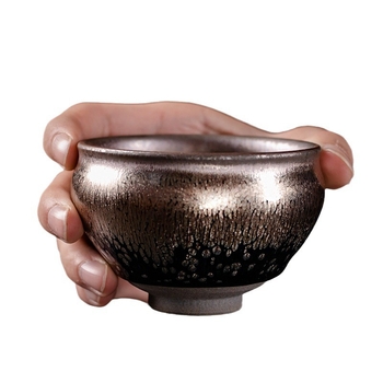 Jianyang Jianzhan – Căniță de ceai handmade, mare, cu design cer înstelat și picături de ulei, Kirin albastru cu incrustație auriu Tianmu