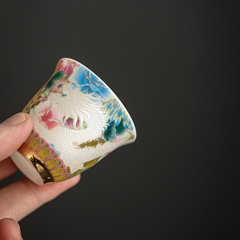 Qihuan ceașcă de ceai ceramică, motiv dragon și phoenix, stil palat, porție unică