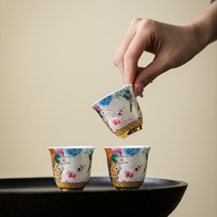 Qihuan ceașcă de ceai ceramică, motiv dragon și phoenix, stil palat, porție unică