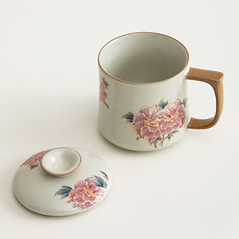 Cană ceramică cu flori hibiscus, stil chinezesc, în cutie cadou, pentru birou sau casă