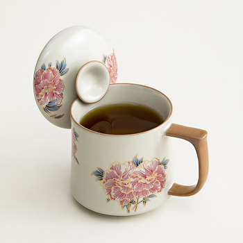 Cană ceramică cu flori hibiscus, stil chinezesc, în cutie cadou, pentru birou sau casă