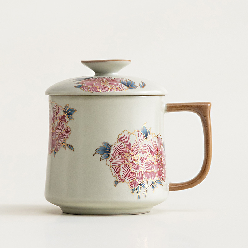 Cană ceramică cu flori hibiscus, stil chinezesc, în cutie cadou, pentru birou sau casă