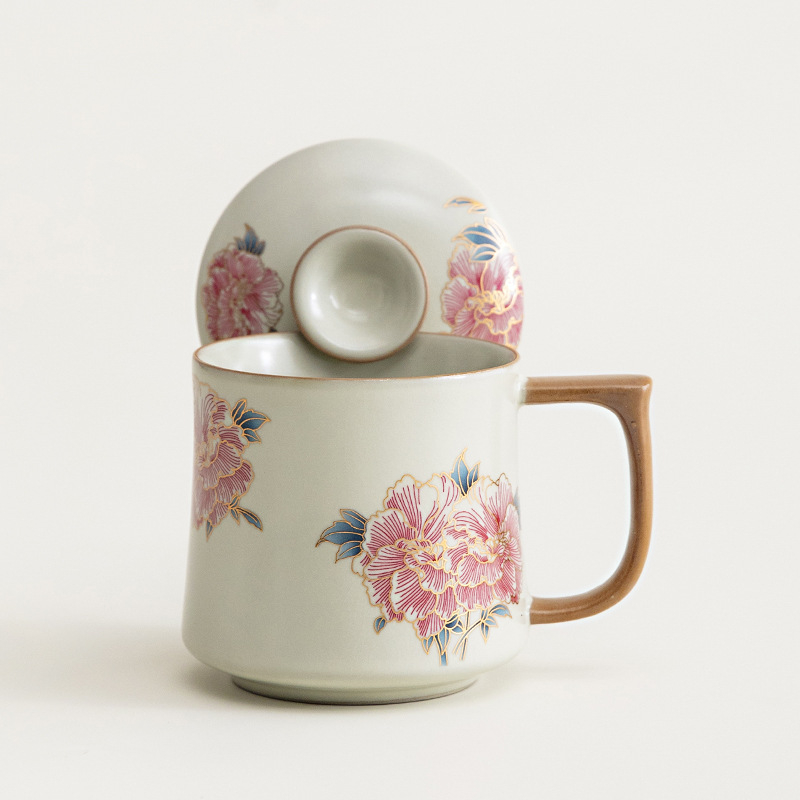 Cană ceramică cu flori hibiscus, stil chinezesc, în cutie cadou, pentru birou sau casă