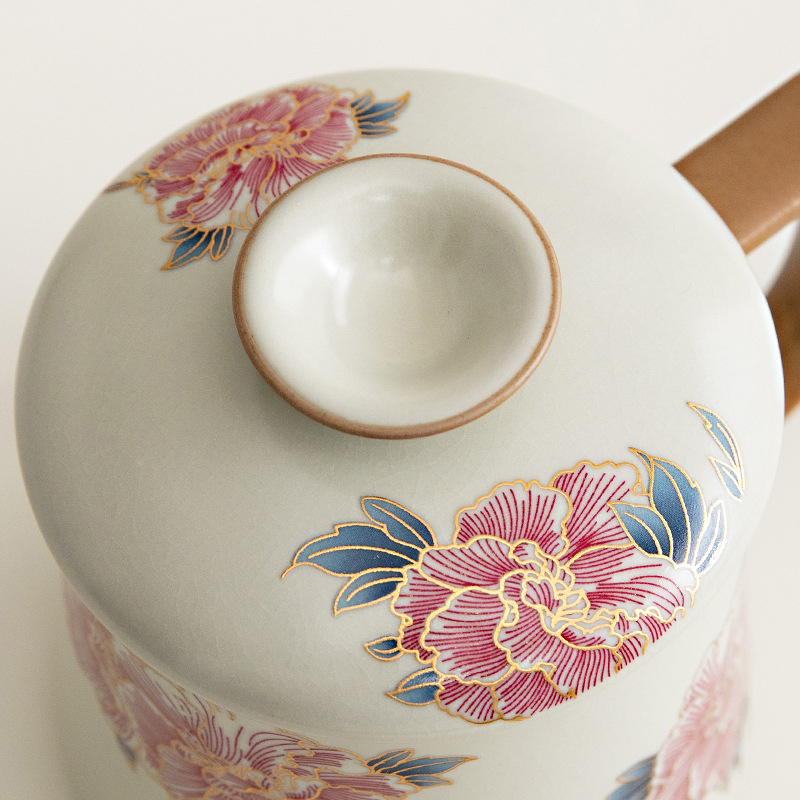 Cană ceramică cu flori hibiscus, stil chinezesc, în cutie cadou, pentru birou sau casă