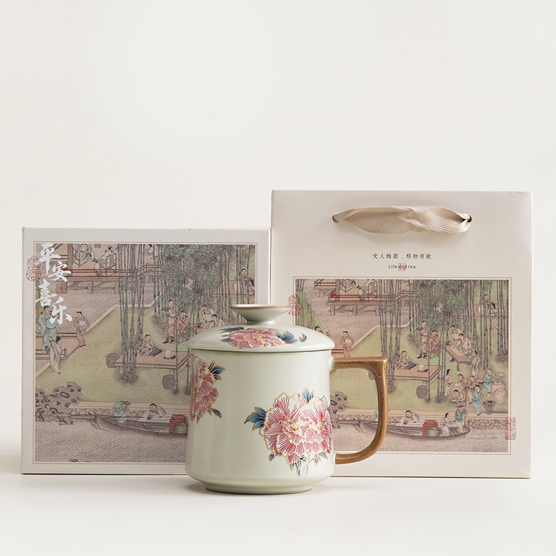 Cană ceramică cu flori hibiscus, stil chinezesc, în cutie cadou, pentru birou sau casă