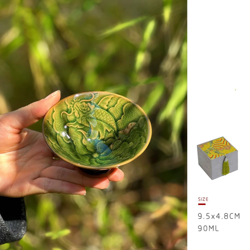 Ceașcă de ceai Jian ware cu dragon în relief, lucrată manual, pentru bărbați, de înaltă clasă, cu glazură minerală