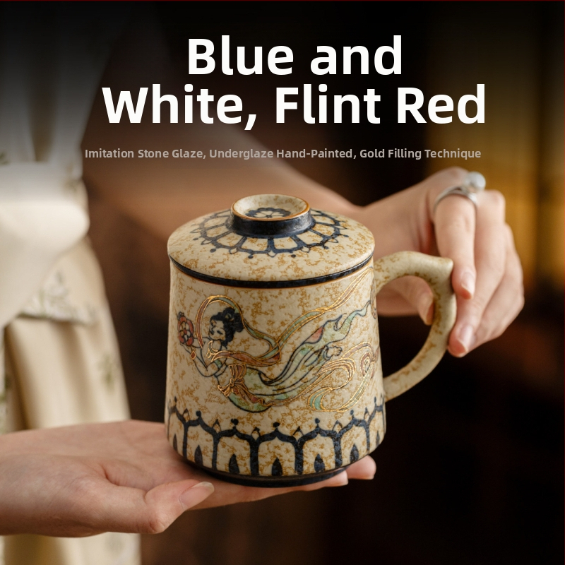 Ceașcă de ceai decorativă placată cu aur, cu separare ceai-apă, cană de birou, inspirată din Orașul Interzis și Dunhuang, cadou pentru vârstnici