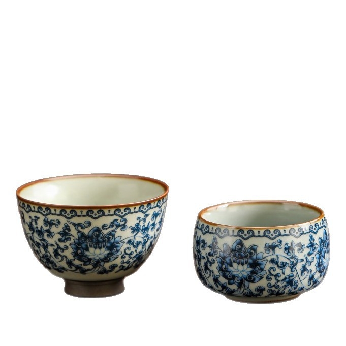 Ru Kiln kék‑fehér porceláncsésze repedezett mázzal, személyes teázáshoz Pu'er teához, kis teáscsésze