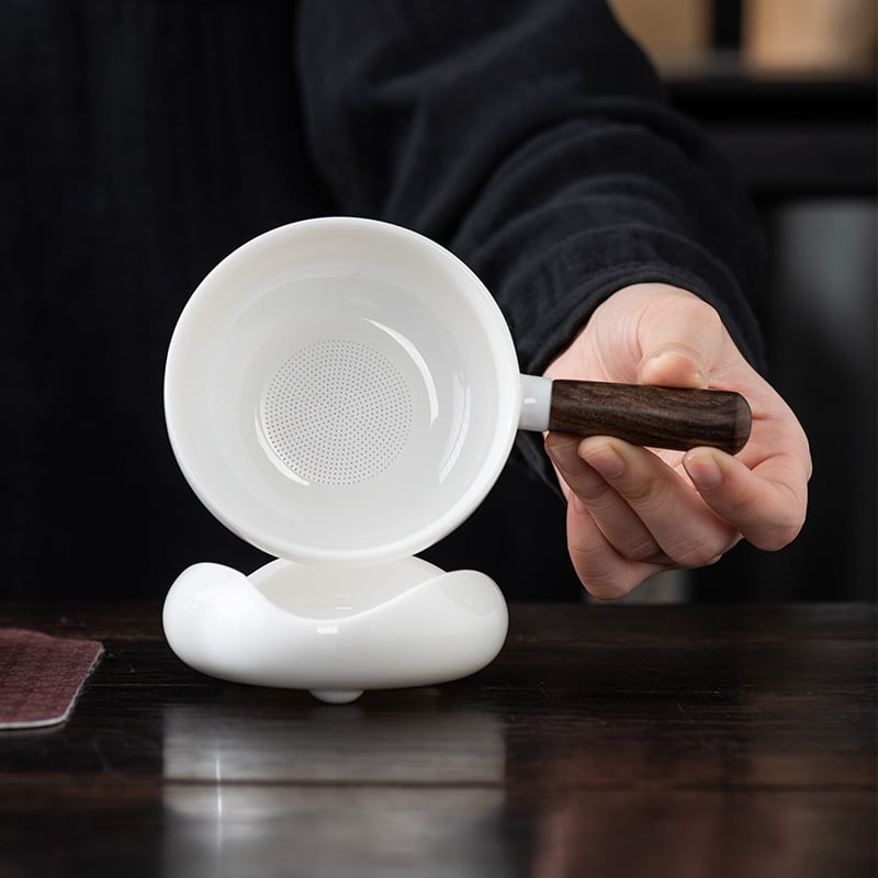 Filtru de ceai din porțelan jade-alb de înaltă calitate, cu mâner lateral din lemn, filtru integrat, set ceramic chinezesc tradițional de ceai