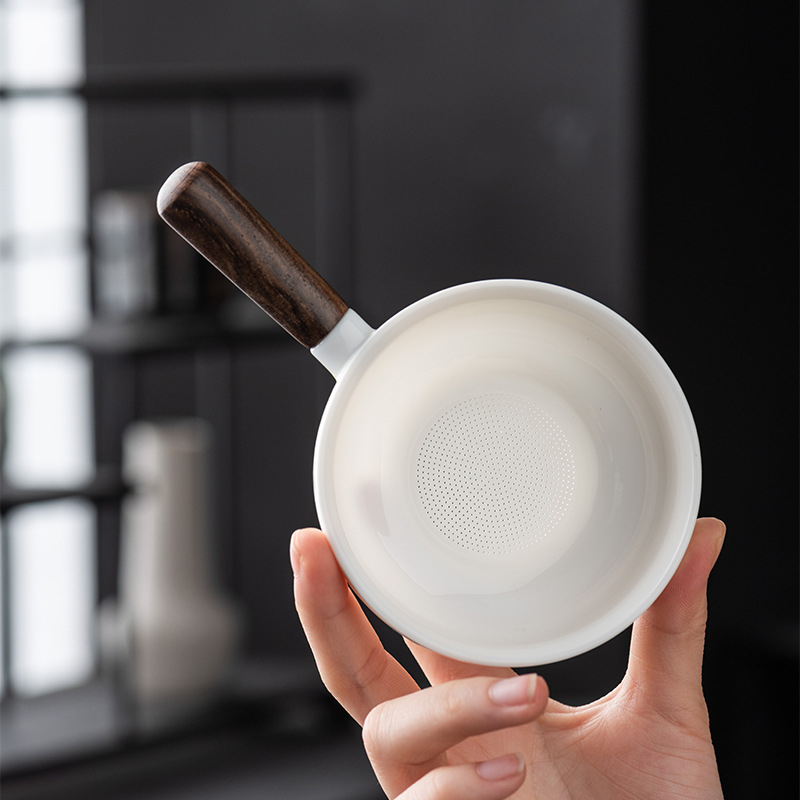 Filtru de ceai din porțelan jade-alb de înaltă calitate, cu mâner lateral din lemn, filtru integrat, set ceramic chinezesc tradițional de ceai