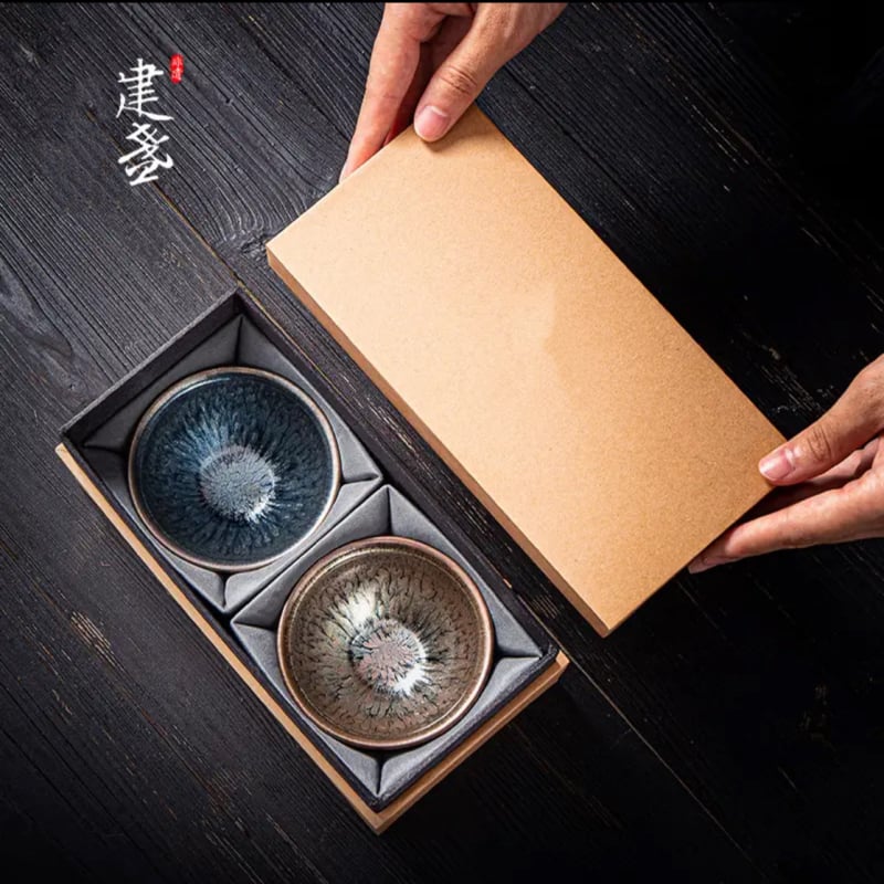 Set de ceai Jianyao Jianzhan – pereche de cești de degustare cu glazură minerală originală