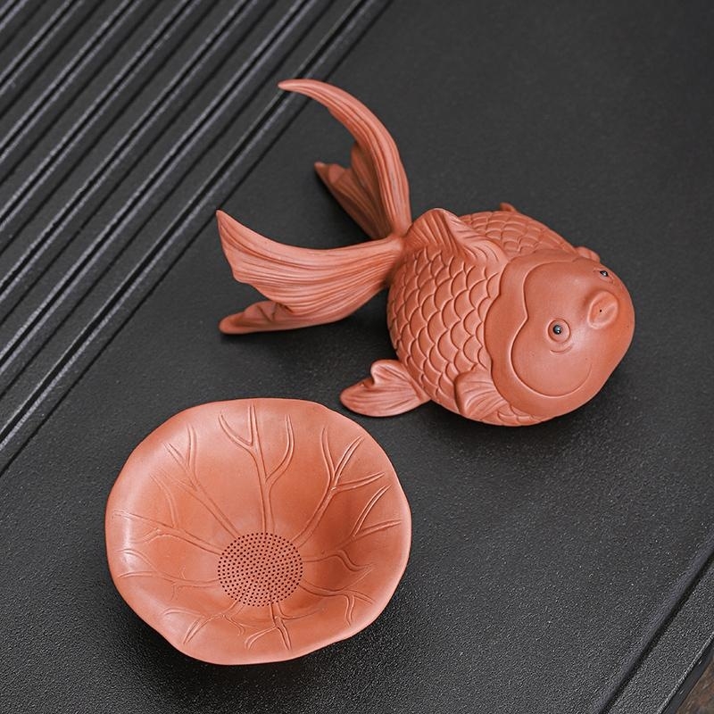 Filtru de ceai din argilă purpurie cu koi, filtru integrat pentru setul de ceai Kung Fu și ornament decorativ pentru ceai