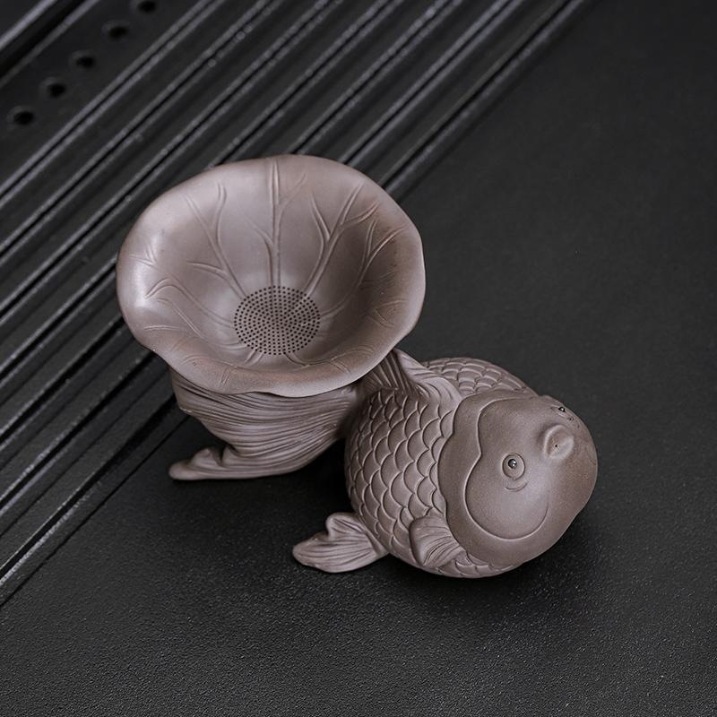 Filtru de ceai din argilă purpurie cu koi, filtru integrat pentru setul de ceai Kung Fu și ornament decorativ pentru ceai